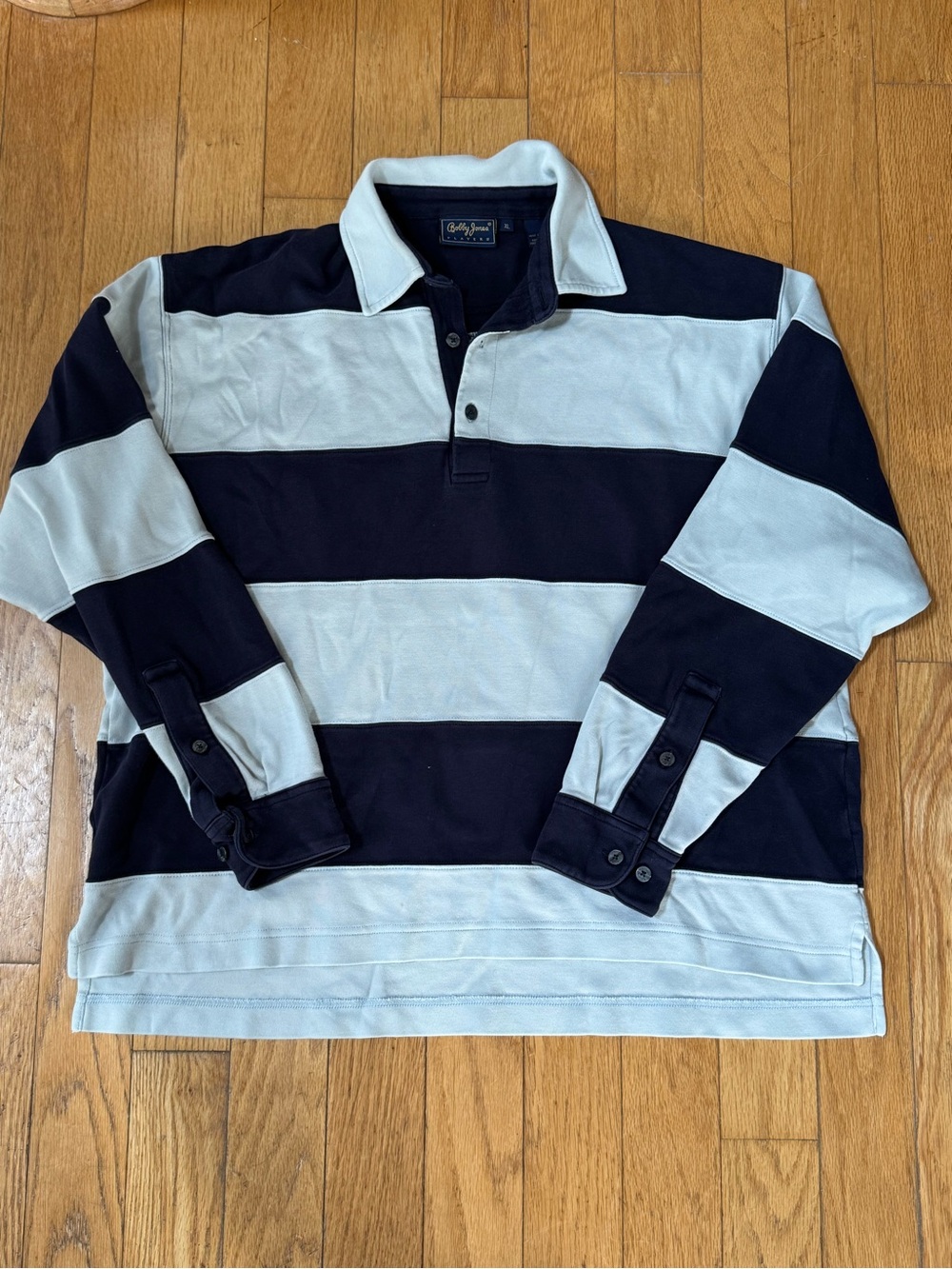 Bobby Jones 90s Mens Navy Striped Rugby Long Sleeve Shirt Sz XL Cotton Preppy